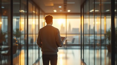 An employee seen from behind walking down a sunlit office corridor toward a manager's glass office holding a folder