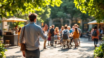 A person seen from behind walking up to greet a group at a sunny courtyard networking meetup