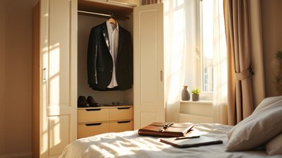 An interview outfit hanging in a wardrobe with a portfolio laid out on the bed the morning before