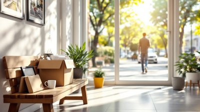 A box of personal belongings on a lobby bench as a worker walks out into a sunny street
