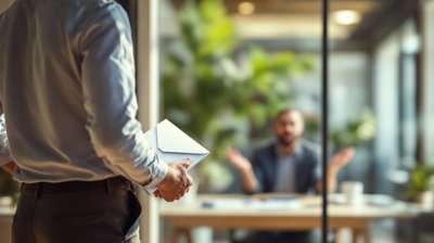 An employee holding a resignation envelope while a manager pleads across a desk