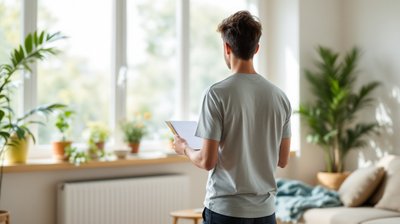 A person seen from behind rehearsing interview answers with note cards in a bright living room