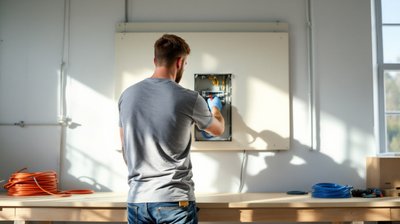 An adult student seen from behind wiring a practice electrical panel in a bright training lab