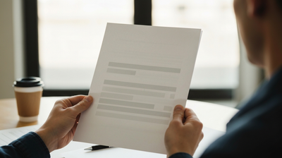 Hands holding and reading a printed resume at a desk, evoking a resume summary being read.