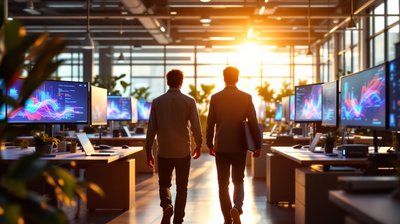 Two new software engineers seen from behind walking onto a bright tech office floor