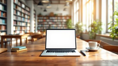 An open laptop, coffee and pen on a long wooden table in a sunny library reading room