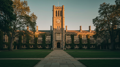 A stately university building with a clock tower at golden hour, evoking a resume's education section.