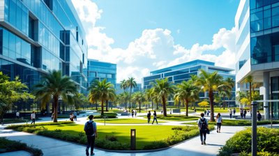 A Chennai tech park courtyard with young graduates walking in the distance