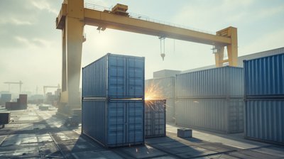 Container fabrication yard, new steel boxes, welding sparks