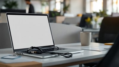 Empty desk, laptop with blank screen and an ID badge left behind