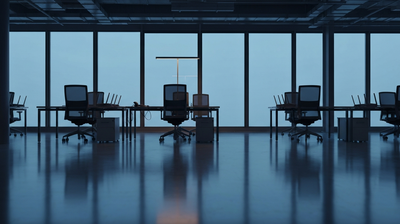 An empty open-plan tech office at dusk with rows of vacant desks and cool blue twilight through the windows, evoking a wave of tech layoffs.