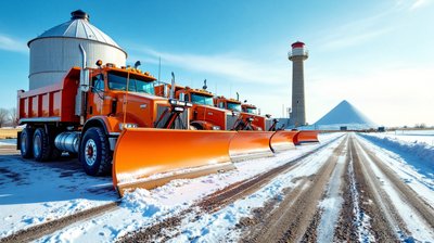 Orange snow plow trucks lined up beside a salt storage dome in a snowy Iowa yard