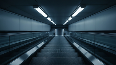 An empty escalator and staircase descending into cool shadow viewed from above, evoking a quietly declining labor market.