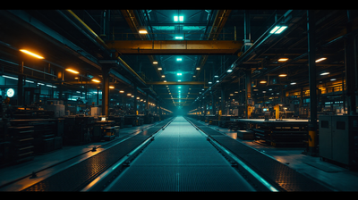 Newspaper printing hall at night, a long press running away from camera under gantry lighting