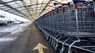 Nested supermarket trolleys in a trolley bay