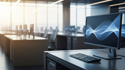 Empty investment-bank trading floor with a single desk and AI data-flow on a monitor, symbolizing JPMorgan hiring more AI specialists and fewer bankers