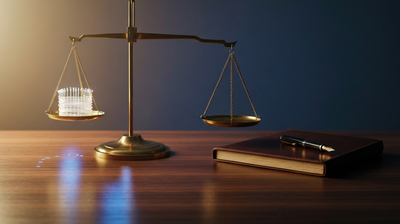 Brass balance scale weighing a glowing circuit bundle against a leather notebook, evoking AI augmentation versus replacement