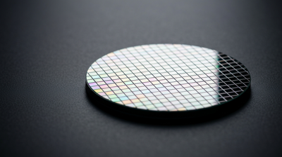 A silicon semiconductor wafer catching iridescent light on a dark surface