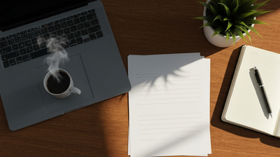 Resume document, coffee, laptop and notebook on a wooden desk in morning light