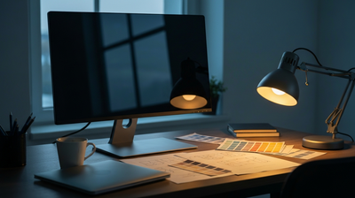 Empty modern web designers desk at dusk with darkened monitor and warm desk lamp