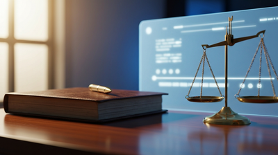 Legal ledger and brass scale of justice beside a glowing data panel, evoking AI in law and accounting