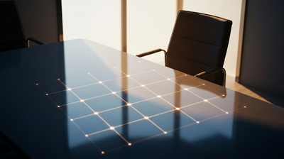Empty conference chair and a dissolving grid of light on a table, evoking AI flattening middle management
