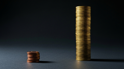 Towering gold coin column beside tiny copper stack