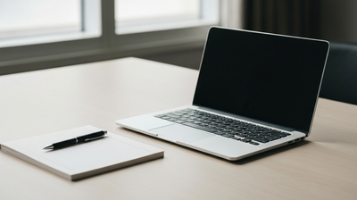 Empty interview table with closed notepad and laptop