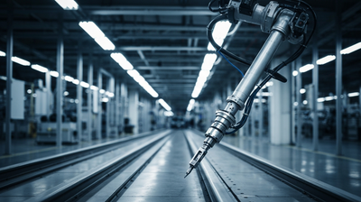 Industrial robotic arm over empty assembly line