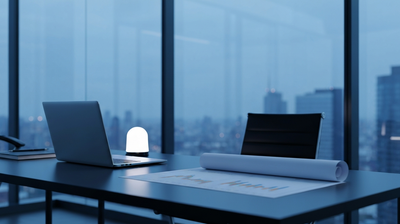 Executive desk in a glass corner office at dusk with a financial chart, evoking the evolving CIO role under AI