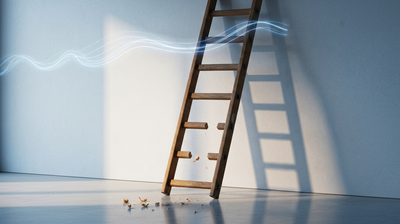 Wooden ladder with its lower rungs sawn off in an empty office, symbolizing AI eroding entry-level career rungs