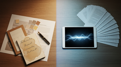 Split desk showing human brand craft beside AI-generated marketing output, symbolizing the consumer AI backlash for marketers