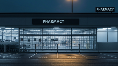 A shuttered grocery storefront at night with the security gate down