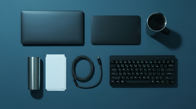 Overhead flat-lay of developer tools on a slate-blue surface