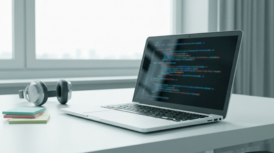Open laptop with blurred code, headphones and sticky notes on a bright white desk