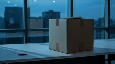 A packed cardboard moving box on an emptied office desk at dusk