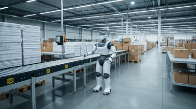 A humanoid robot working at a sorting line in a distribution warehouse