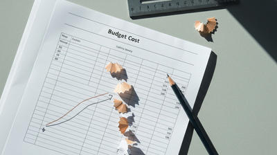 Overhead paper budget ledger with trimmed line items