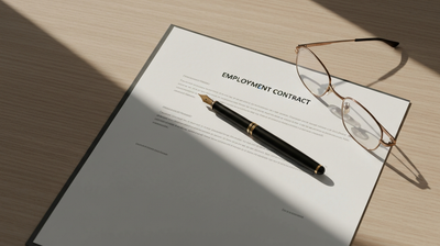 A blank employment contract with a pen and reading glasses