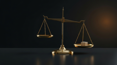 A level brass balance scale weighing a small weight on a dark surface