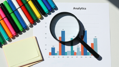 A magnifying glass over a printed analytics bar chart