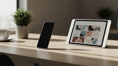 Smartphone and tablet showing a creative portfolio grid on a light wooden desk in natural light