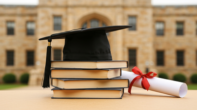 A graduation cap on a stack of books beside a diploma