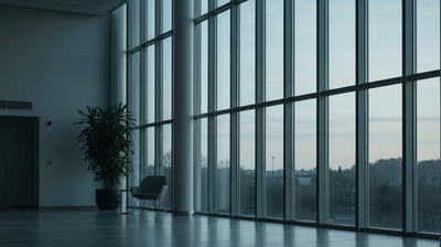 Quiet modern office lobby at dawn with an empty chair beside tall windows