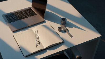 Open notebook with a hand-sketched career ladder beside a prototype part and caliper, evoking entry-level jobs and AI