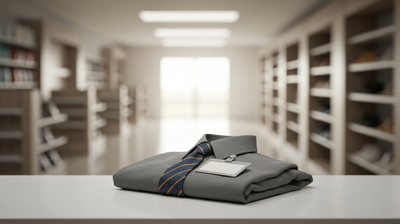 A folded retail uniform and name badge on a shop counter