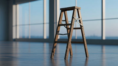 A single worn-runged wooden stepladder in an empty modern office at dawn