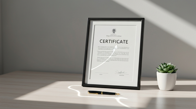 A framed professional certificate on a desk beside a succulent