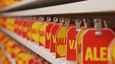 Red and yellow retail sale price tags on shelf