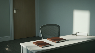 Empty executive assistant desk outside a corner office, suggesting AI taking over the role